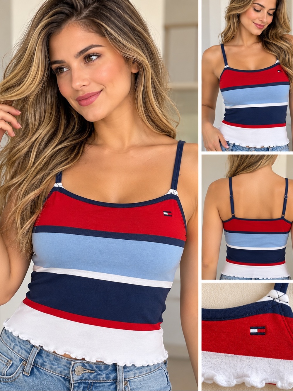 Tommy Hilfiger Red Navy Light Blue Striped Spaghetti Strap Tank